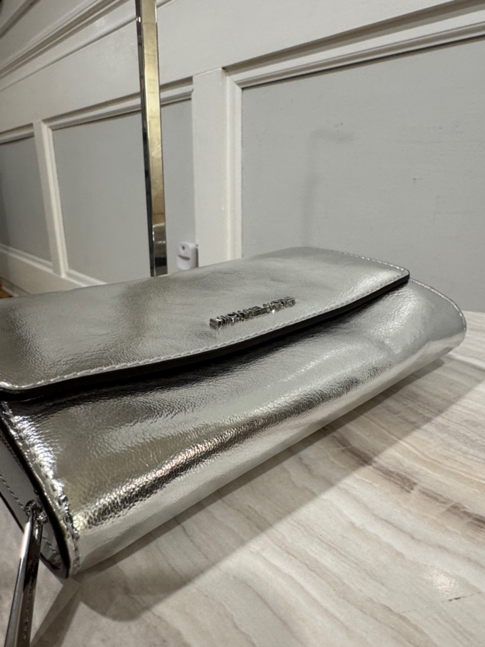 Michael Kors Jet Set Silver Metallic Leather Glitter Logo Strap Crossbody - Picture 8 of 17
